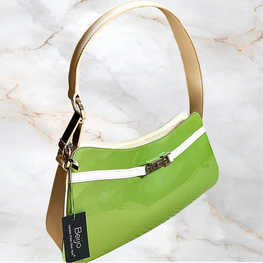Beijo Y2K Avocado Green Glossy Hobo Shoulder Bag NWT White Trim Deadstock - Picture 3 of 13